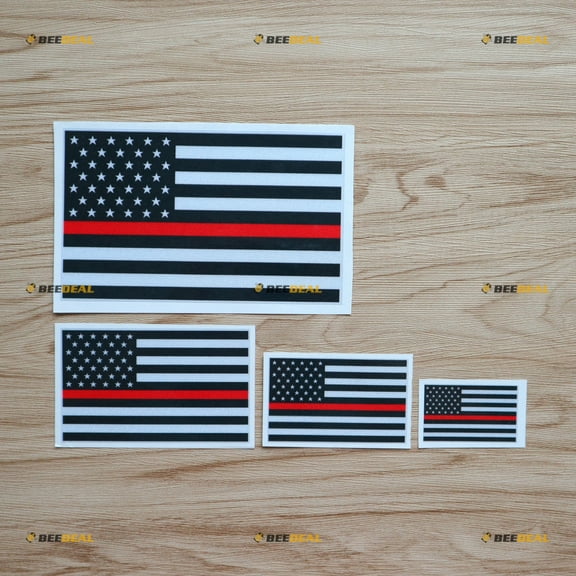 4 Pack Reflective, 2 Inches, 3 Inches, 4 Inches, 6 Inches - Thin Red Line Police Firefighter American Flag Decal Sticker Vinyl - for Car Boat Laptop