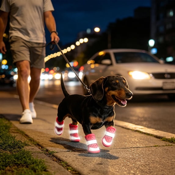 4âPack Reflective Dog Autumn Shoes, Nonâ Breathable Pet Booties, Night Visible Paw Protectors for Evening Walking Outdoor Fall Activities (Red)