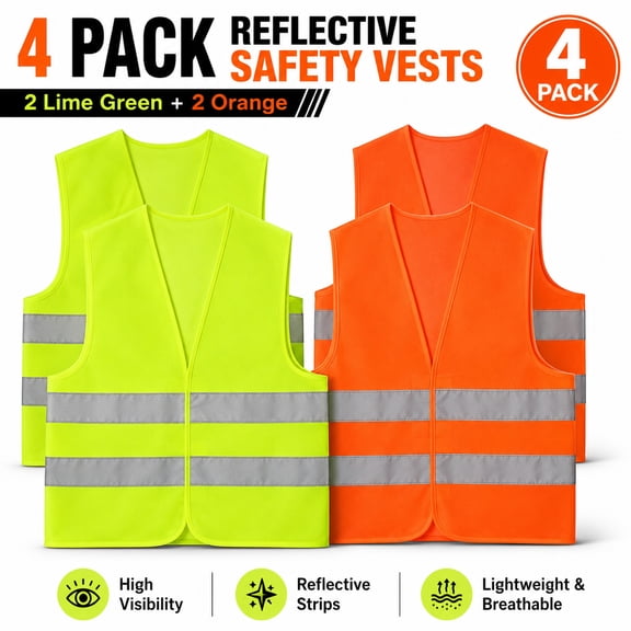 Reflective Safety Vests 4 Pack, 2 Lime Green & 2 Orange High Visibility Hi Vis Construction Vests for Men Women, Lightweight Breathable Safety Workwear with Reflective Strips