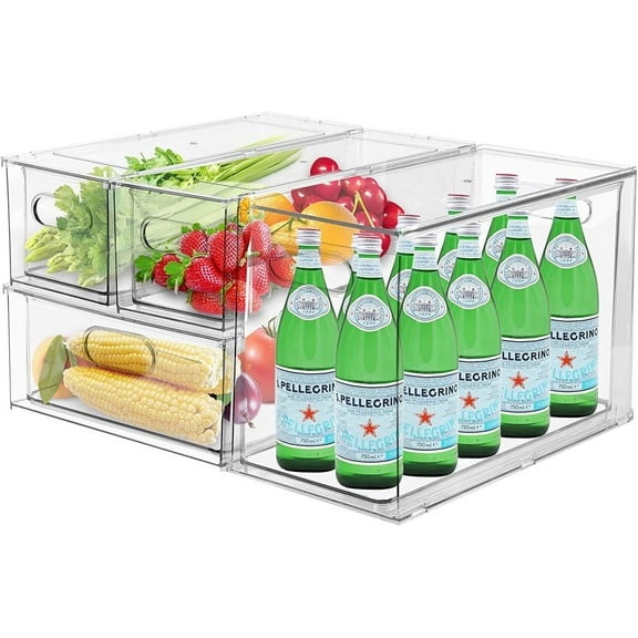 4 Pack Refrigerator Organizer Bins with Pull-out Drawer Stackable Clear Fridge Drawer Organizer Fruit Vegetable Storage Containers for Kitchen Pantry Organization (1 Large+1 Tall+2 Small)