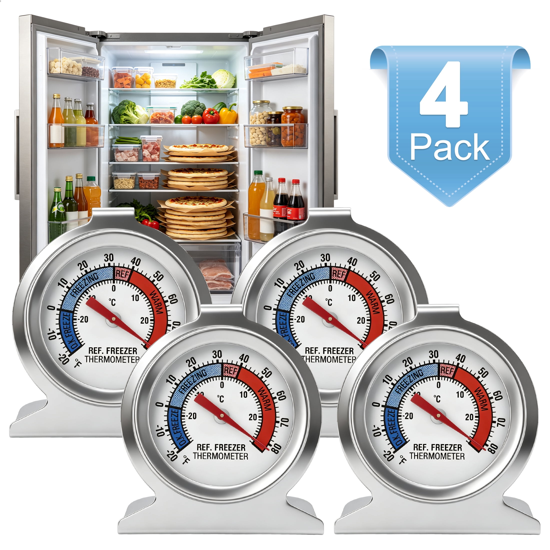 4‑Pack Refrigerator Freezer Thermometer, Stainless‑Steel Analog Dial Temperature Gauge, Dual ℃/℉ Scale, Hanging Standing Thermometer for Household Fridge & Commercial Cold‑Storage