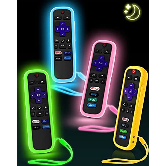 4 Pack Remote Cover for Roku,Remote Case Compatible with Roku Remote Official,Silicone Universal Protective Controller Sleeve for Roku TV Remote Glow in The Dark with Lanyards