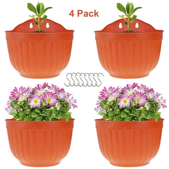 4 Pack Resin Wall Planter 8.1 Inch Planter Basket Half Round Flower Pots with S Hooks, Flower Container for Indoor Outdoor