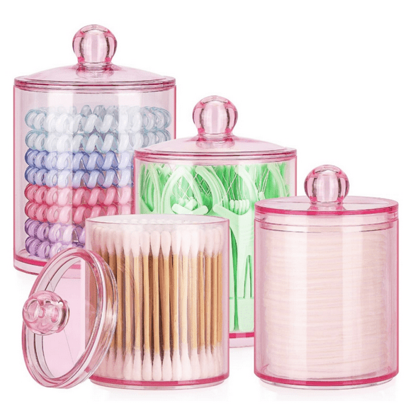 4 Pack Restroom Bathroom Organizers and Storage Containers, Pink Plastic Apothecary Jars with Lids for Cotton Swab, Cotton Round Pads, Floss