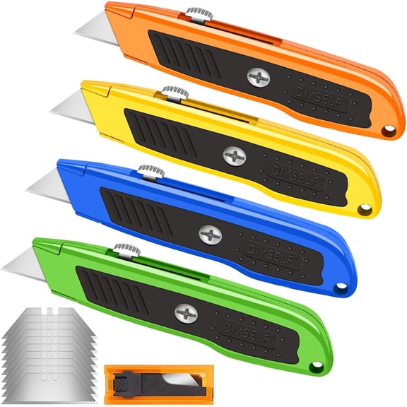 4 Pack Retractable Box Cutters, Utility Knives with 10 Blades, Heavy Duty for Cardboard, Carpet, Paper