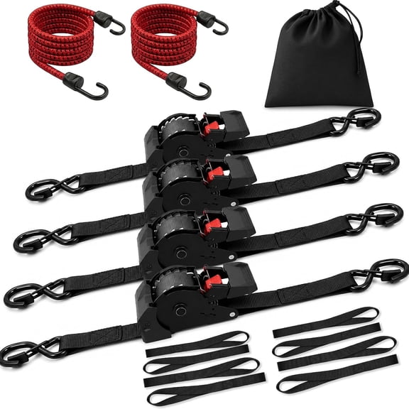 4-Pack Retractable Ratchet Straps, 1" x 10ft, 1650lb Break Strength, Auto-Retract Ratchet Tie Downs, for Truck, Trailer, Motorcycle, ATV, UTV & Moving