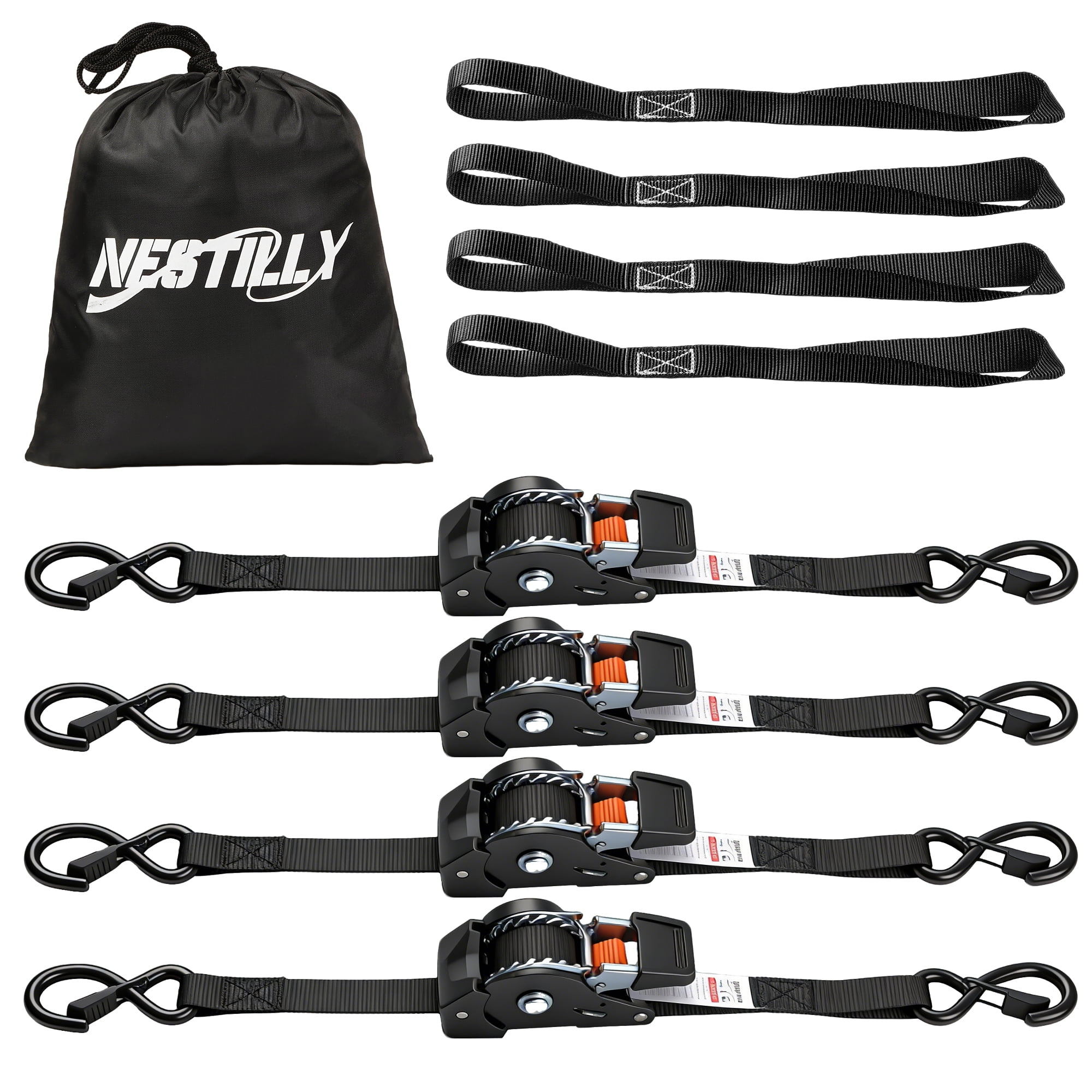 4-Pack Retractable Ratchet Straps with 4 Soft Loop - 1 Inch x 10 Feet (1,650lb Break Strength) - Heavy Duty Auto Self Retracting Tie Down Straps for Truck, Cargo Trailer, Motorcycle, ATV, UTV, Black
