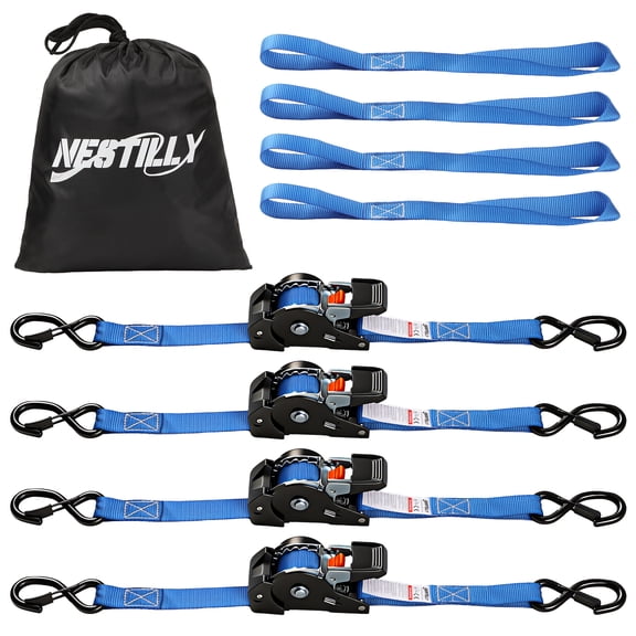 4-Pack Retractable Ratchet Straps with 4 Soft Loop - 1 Inch x 10 Feet (1,650lb Break Strength) - Heavy Duty Auto Self Retracting Tie Down Straps for Truck, Cargo Trailer, Motorcycle, ATV, UTV, Blue