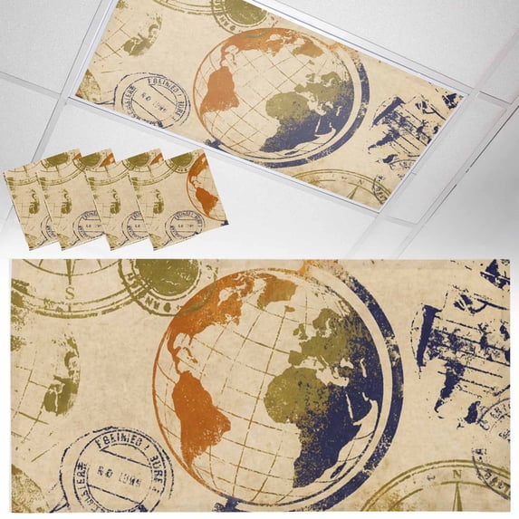 4 Pack Retro Earth Globe Fluorescent Light Covers for Ceiling Lights Travel Compass Vintage Magnetic Ceiling Light Covers Overhead Light Filters for Office Classroom Home