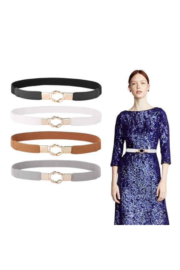 4-Pack Retro Gold Buckle Stretch Belts - Skinny Elastic Waist Belts for Dresses, Versatile & Plus Size Inclusive (Set of 4)