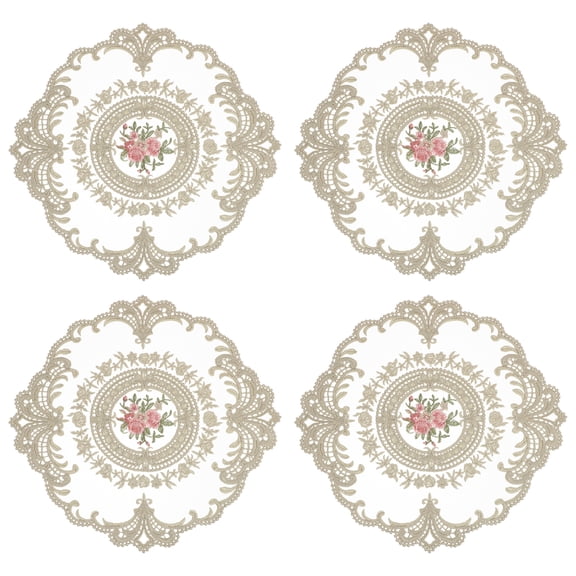 4 Pack Retro Lace Placemats Crochet Cup Vase Table Mat, Gray Brown