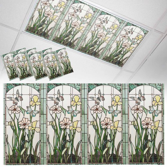 4 Pack Retro Window Flowering Fluorescent Light Covers for Ceiling Lights Green Theme Floral Butterflies Art Magnetic Ceiling Light Covers Overhead Light Filters for Office Classroom Home