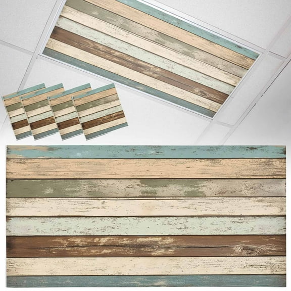 4 Pack Retro Wood Grain Fluorescent Light Covers for Ceiling Lights Blue Brown Vintage Magnetic Ceiling Light Covers Overhead Light Filters for Office Classroom Home
