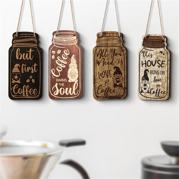 4 Pack Retro Wooden Coffee Hanging Sign, Mason Jar Shape Wood Wall Plaque, Farmhouse Kitchen Decor, Rustic Wooden Hanging Board for Home Wall Art