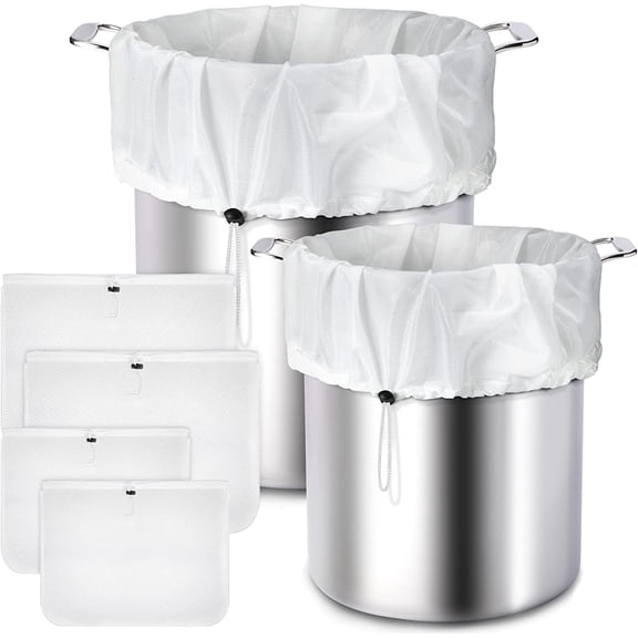 4 Pack Reusable 250 Micrometer Straining Brew Bag Fine Mesh Strainer Bag White Wine Making Supplies Drawstring Cheese Cloth Package for Beer Wine, 22 x 26, 16 x 18 Inch