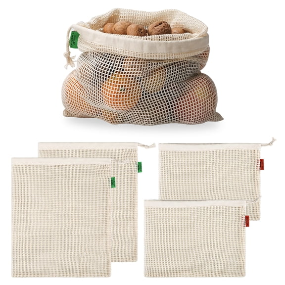 4 Pack Reusable Cotton Mesh Produce Bags, 2 Small and 2 Medium, Eco-Friendly Drawstring Storage Bags for Fruits, Vegetables, Groceries, Washable, Breathable Net Bags for Shopping, Kitchen