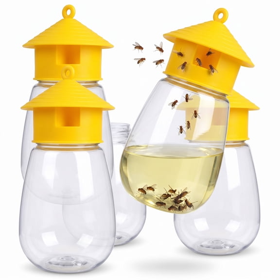 4 Pack Reusable Fruit Fly Traps, Yellow Plastic Hanging Fly Catchers with Clear Reservoir, Wide-Mouth Refillable Design for Kitchen, Home and Outdoor Areas, 20 x 10 cm