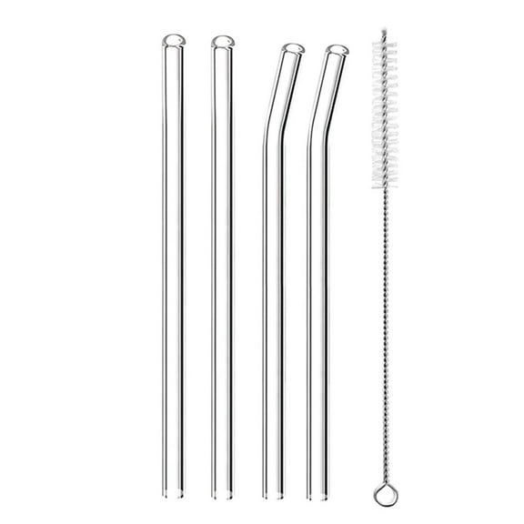 4 Pack Reusable Glass Straw, 8''x8 mm, Including 2 Straight and 2 Bent Drinking Straws with 1 Cleaning Brush- Perfect For Smoothies, Tea, Juice