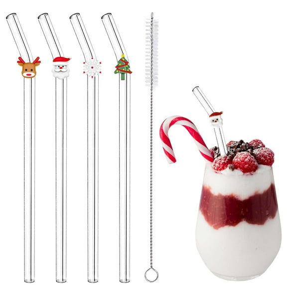 4 Pack Reusable Glass Straws Shatter Resistant, Cute Christmas Clear Drinking Straw for Smoothie, Juice, Cocktails, Ideal for Home, Party or Daily Use