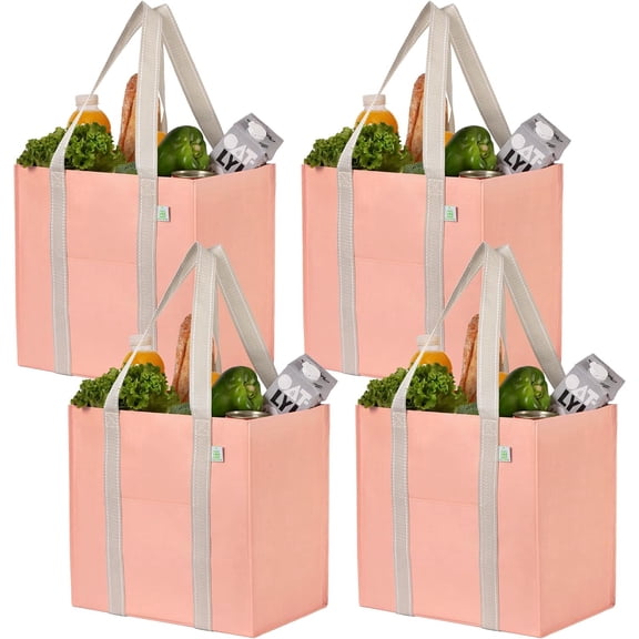 4 Pack Reusable Grocery Bags, Heavy-Duty Shopping Bags with Handles and Hard Bottom to Stand Upright, Foldable, Multi-Purpose, Sustainable (Peach Pink, 4 Pack)