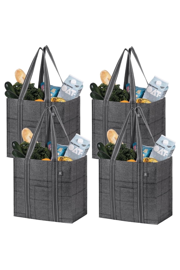 4 Pack Reusable Grocery Bags with Hard Bottom, Heavy-Duty Shopping Bags for Shopping Cart (Windowpane, 4 Pack)