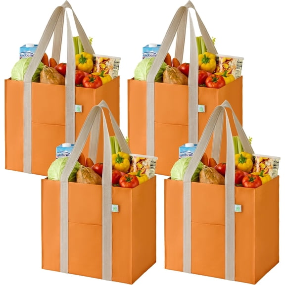 4 Pack Reusable Grocery Shopping Bags, Heavy-Duty Fall Tote Autumn Market Bags with Handles, for Shopping Cart with Hard Bottom, Foldable (Autumn Orange, 4 Pack)