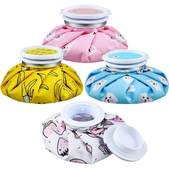 4 Pack Reusable Ice Pack and Hot Water Bag for Adults, Cold and Hot Use for Injuries, Pain Relief, Wisdom Teeth, Breastfeeding, Tired Eyes, 5.5 Inches(Cute Fruit Style)