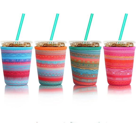 4 Pack Reusable Iced Coffee Insulator Sleeve, Neoprene Coffee Cup Holder for Iced Hot Drinks, Beverage Holder for Most Drinks (16-20 oz Small)
