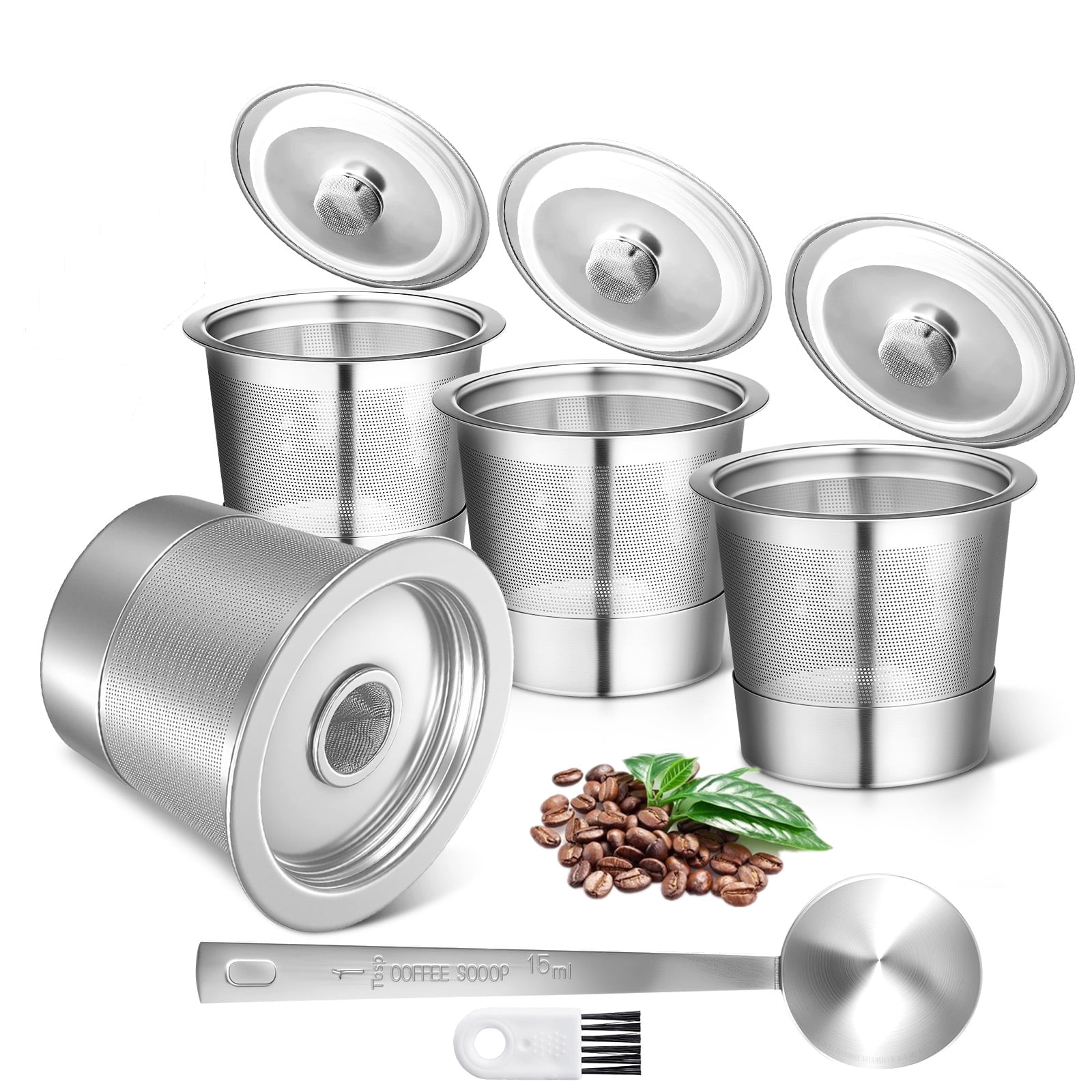 Reusable K Cups Fit for Keurig 1.0, 4 Pack Stainless Steel Coffee Pod Filter, Refillable K Cup with Scoop, Brush & 8 Rubber Rings