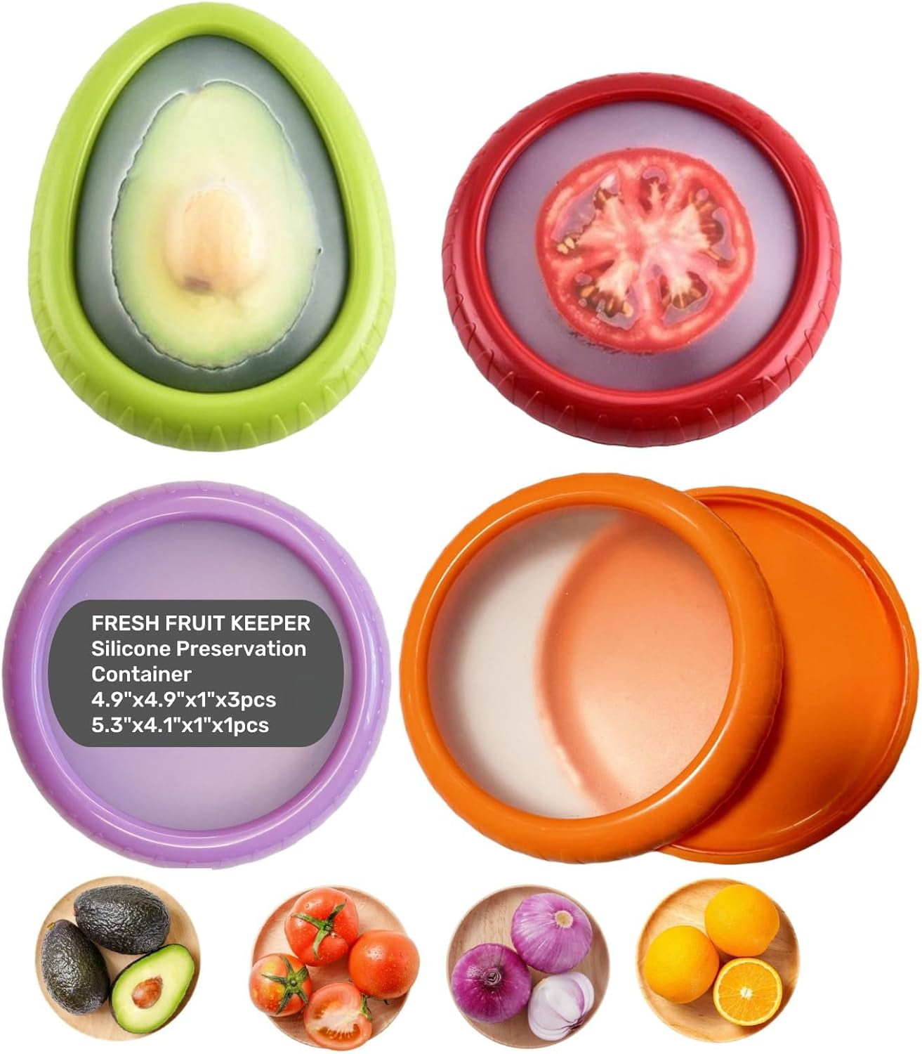Silicone Fruit & Vegetable Storage Containers 4-Pack - Avocado Saver, Onion Keeper With Lids