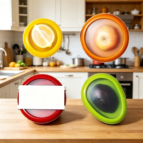 4 Pack Reusable Silicone Fruit Storage Lids, Multi-Size Color-Coded Covers with View Window for Cut Avocado, Lemon, Apple, Fridge & Picnic Use