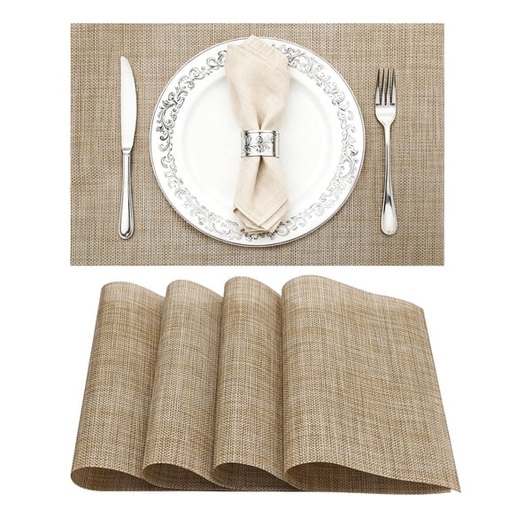 4 Pack Reversible Placemats 12" x 18", Linen‑Look Heat‑Resistant Non‑Slip Washable Rectangular Coffee Khaki Dining Table Mats