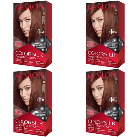 (4 Pack) Revlon Colorsilk Beautiful Color Permanent Hair Color with 3D Gel Technology And Keratin, 100% Gray Coverage Hair Dye, 44 Medium Reddish Brown
