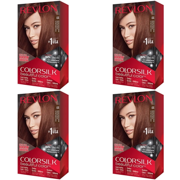 (4 Pack) Revlon Colorsilk Beautiful Color Permanent Hair Color with 3D Gel Technology And Keratin, 100% Gray Coverage Hair Dye, 44 Medium Reddish Brown