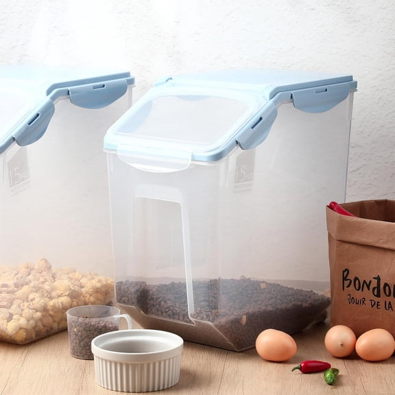 4 Pack Rice Storage Container With Wheels Plastic Airtight Lid Flour Container Bin for Dog Pet Cereal Grain Dry Food, 15 Liter / 30 lbs (Blue)