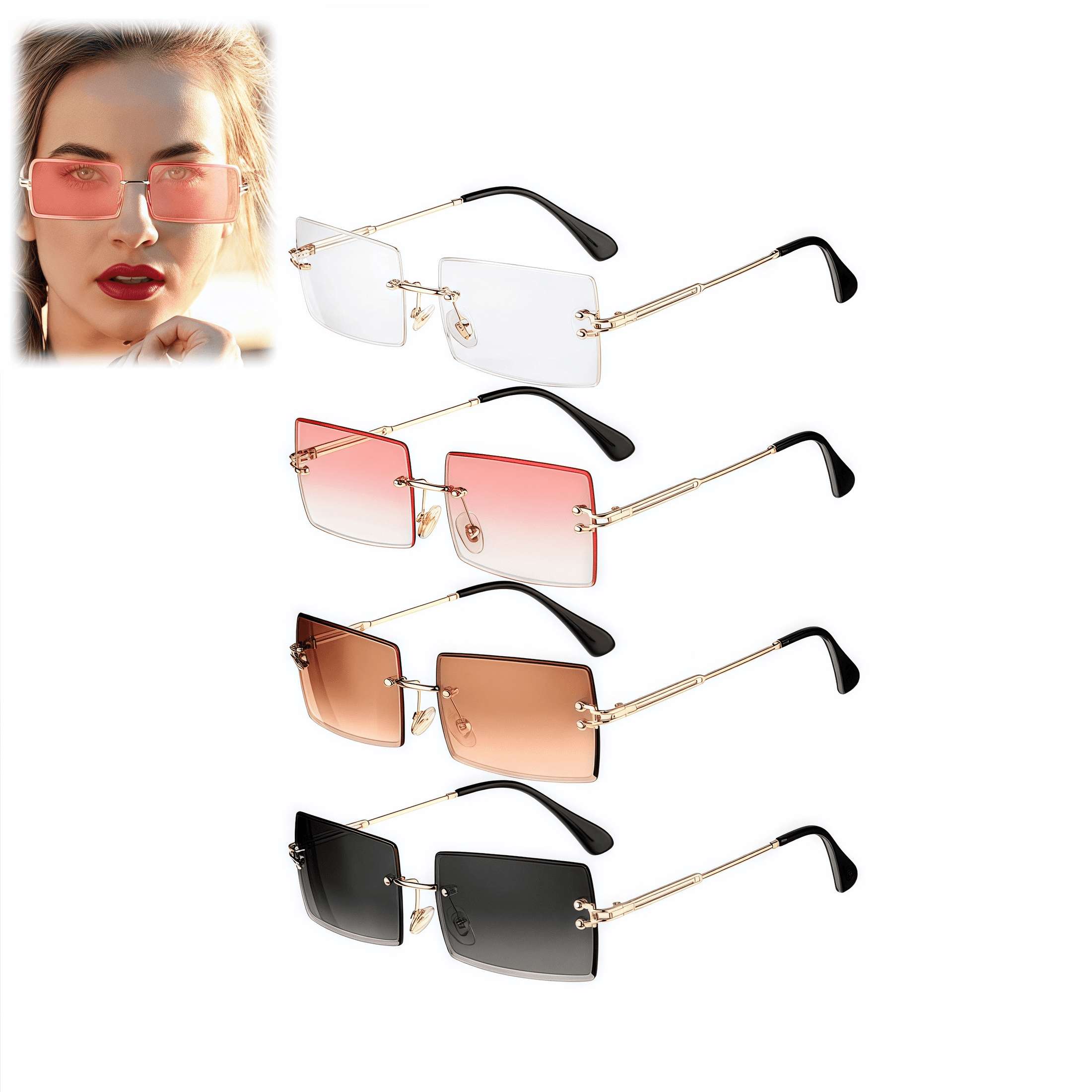 Unisex Rectangle Rimless Square Sunglasses Silver Wide Rectangle Rimless Tinted Sunglasses with Blue  main image 4