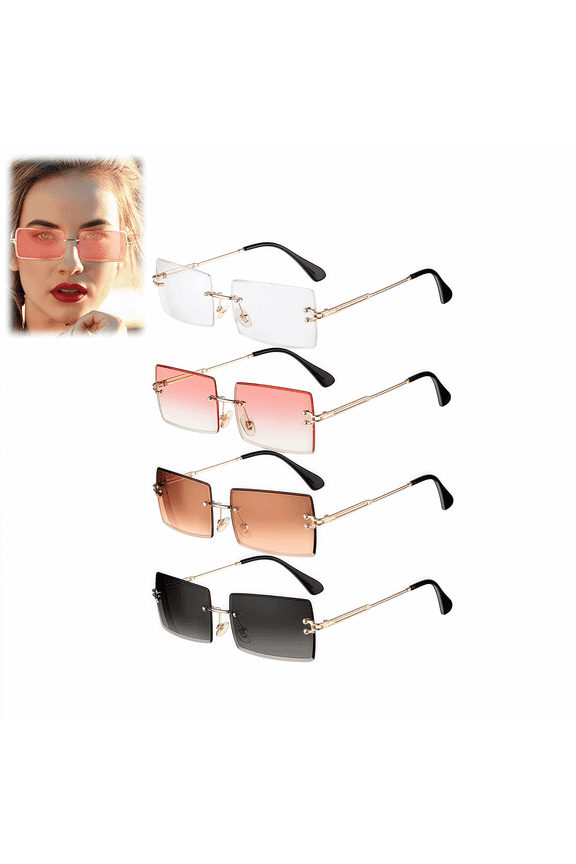 4-Pack Rimless Rectangle Sunglasses Gradient Lens UV400 Protection - Unisex Retro Square Eyewear for Women & Men