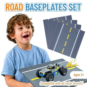 4 pack Straight Road-Plates, Classic City Street Road Baseplate/Platforms, 10"x10" Town Baseplate for Building Bricks Compatible with All Major Brands