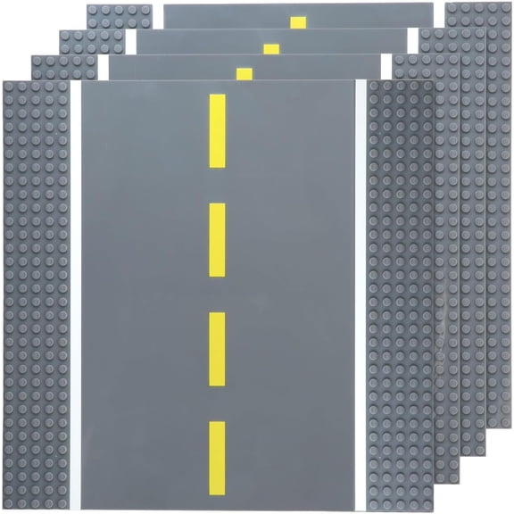 4 Pack Road Baseplates - 10"x10" Stackable Street Race Track, Compatible with Lego & Other Major Building Brands, 4 Straight