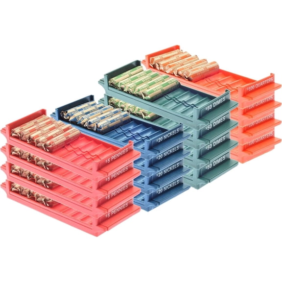 4-Pack Rolled Coin Storage Organizer Tray Set with Ridges for Loose Coins | Quarters, Dimes, Nickles, and Penny Color Coded Trays