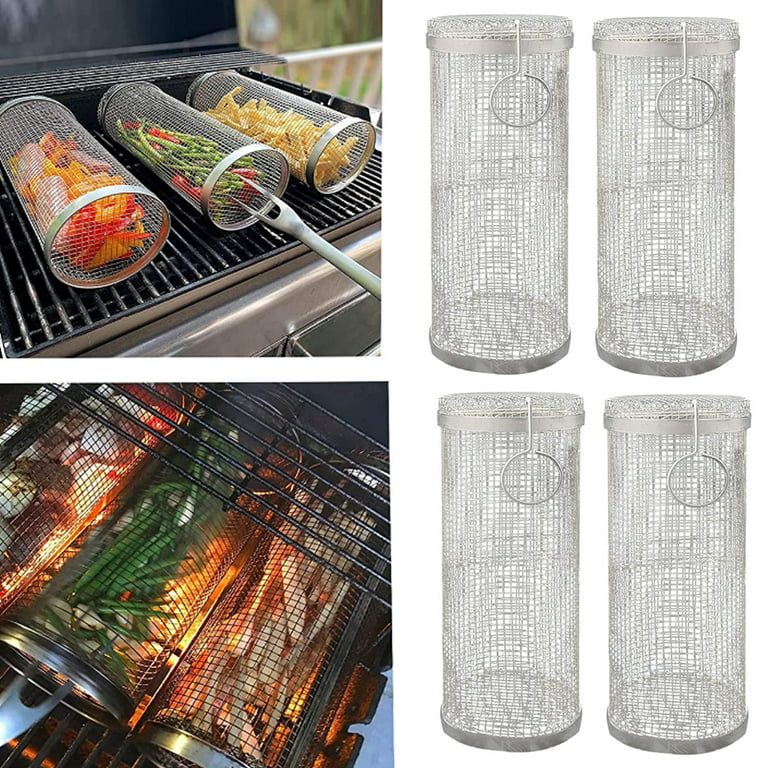 BBQ Rolling Grill Basket, Stainless Steel Wire Mesh Cylinder Grilling  Basket, Portable Outdoor Camping Barbecue Rack for Vegetables, French  Fries