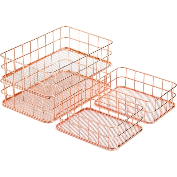 4 Pack Rose Gold Wire Mesh Basket, Metal Desk Drawer Organizer Desktop Holder Tray for Cosmetic, Stationery, Magazines, Fruit Snacks, Home, School, Office, 2 Size