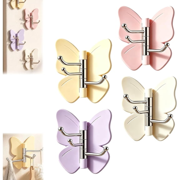 4 Pack Rotating Butterfly Adhesive Wall Hooks, 270° Swivel 3-Prong Towel Hangers with Adjustable Wings, Heavy Duty No-Drill Corner Stick-on Hooks for Bathroom, Kitchen & Entryway (4 Pack)