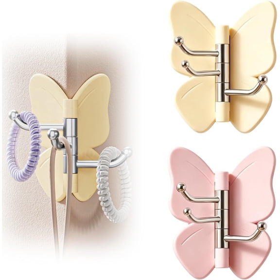 4 Pack Rotating Butterfly Adhesive Wall Hooks, No Drill 270° Swivel 3-Prong Hangers with Adjustable Wings, Heavy Duty Stick-on Hooks for Inner & Outer Corners, Bathroom, Entryway, Kitchen (2 Pack-B)