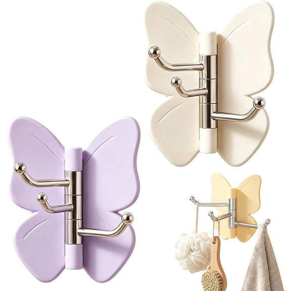 4 Pack Rotating Butterfly Adhesive Wall Hooks, No Drill Corner Storage Hangers, 270° Swivel 3 Prong Design, Strong Stick On Organizer, Adjustable Wings for Towels Keys Bags Hats (#C)