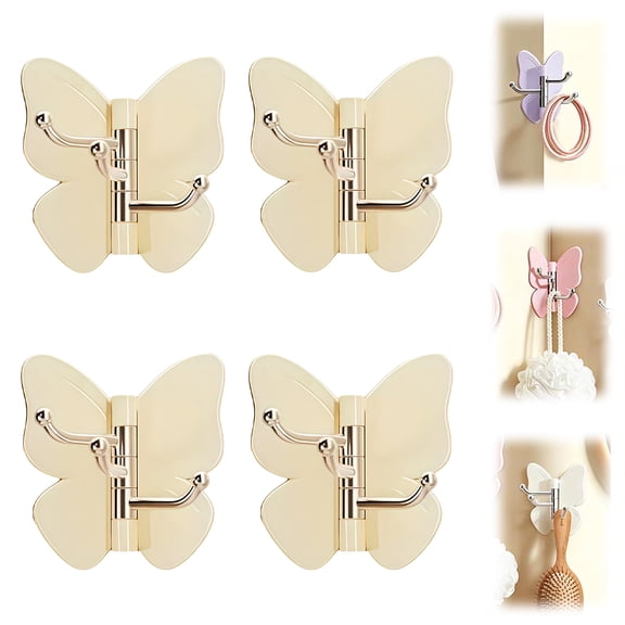 4 Pack Rotating Butterfly Adhesive Wall Hooks, Heavy Duty No-Drill 3-Prong Swivel Hangers with 270° Adjustable Wings, Strong Stick-On Organizer for Inner & Outer Corners, Bathroom, Kitchen & Entryway