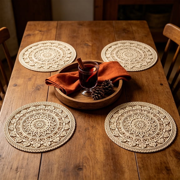 4 Pack Round Boho Linen Placemats, Wood Carved Pattern Woven Cotton Macrame Table Mats for Farmhouse Kitchen Dining Home Decor Heat Insulation Pad