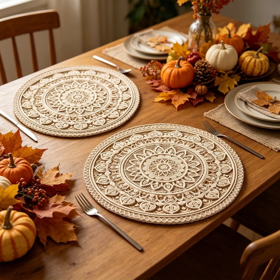 4 Pack Round Boho Linen Placemats, Woven Macrame Cotton Table Mats with Fringe, Heat Resistant Farmhouse Decor for Dining Table