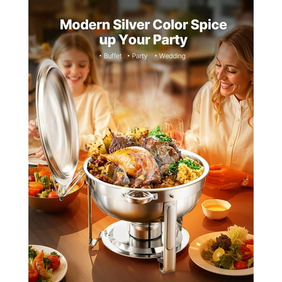4 Pack Round Chafing Dish Set 5 Qt Full-Size Stainless Steel Buffet Pans, Silver