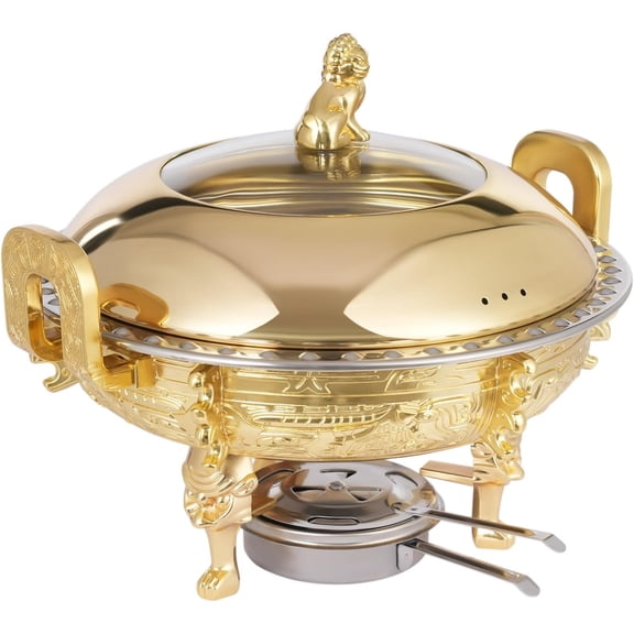 4 Pack Round Chafing Dishes Stainless Steel 0.25 Gal Chafing Buffet Set Serving Food Warmer for Catering Events Parties Weddings,Load Capacity 4.41lbs,10.94 * 8.58in (Gold)